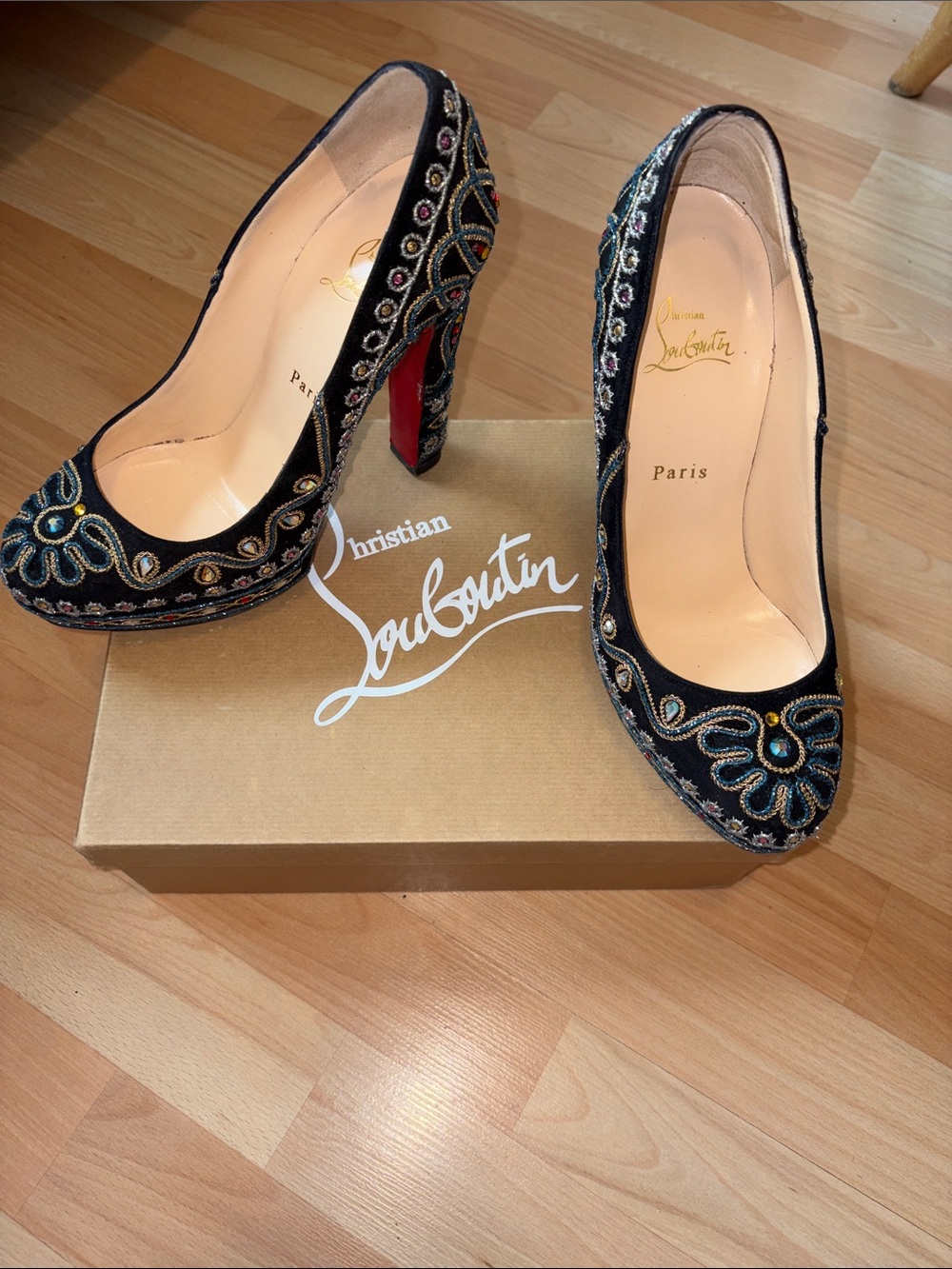 Christian Louboutin Black Embellished Velvet Pumps with Red Soles